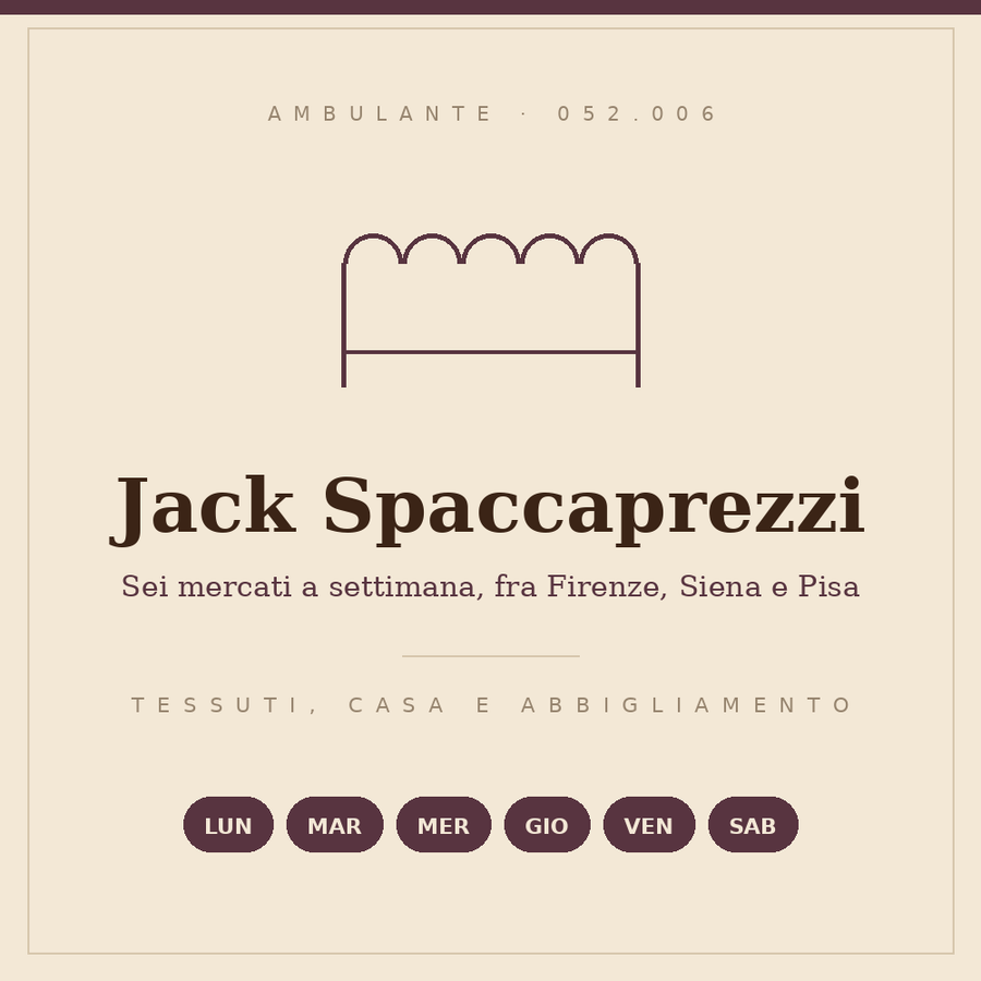 Insegna disegnata del banco Jack Spaccaprezzi: tessuti, casa e abbigliamento, sei giorni a settimana, codice operatore 052.006