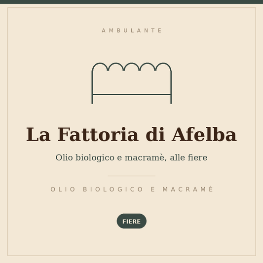 Drawn sign of the La Fattoria di Afelba stall: organic olive oil and macramé, at fairs