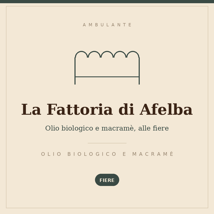 Insegna disegnata del banco La Fattoria di Afelba: olio biologico e macramè, alle fiere