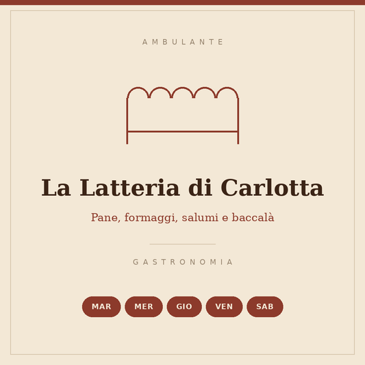 Illustrated sign of the La Latteria di Carlotta stall: bread, cheeses, cured meats and salt cod, Tuesday to Saturday
