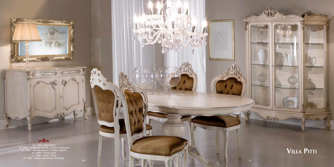 La pagina di catalogo con il tavolo ovale 5039 e le sedie 5040 in una sala: gli altri mobili della sala non sono compresi