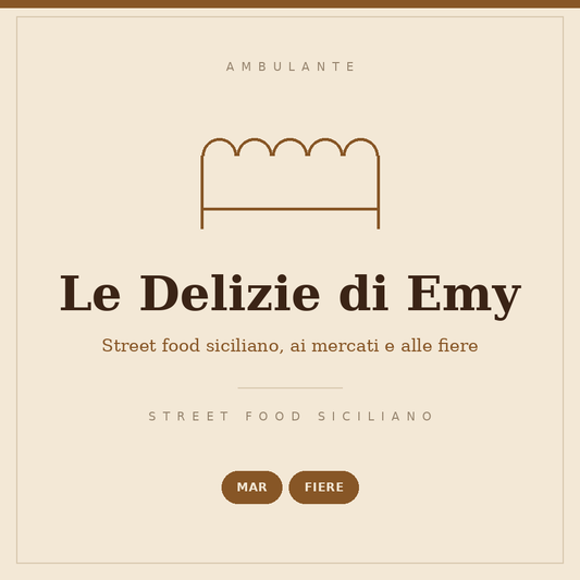 Drawn sign of the Le Delizie di Emy stall: Sicilian street food, on Tuesdays and at fairs