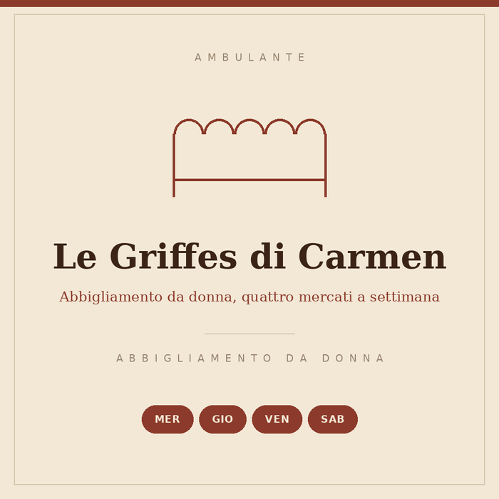 Insegna disegnata del banco Le Griffes di Carmen: abbigliamento da donna, dal mercoledì al sabato, codice operatore 048.018