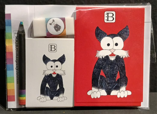 Il kit Leggi & Colora dedicato al Gatto, chiuso nella busta: i due taccuini, la matita, il righello e la gomma