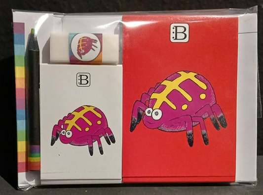 Il kit Leggi & Colora dedicato al Ragno, chiuso nella busta: i due taccuini, la matita, il righello e la gomma