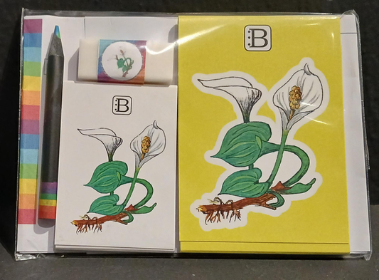 Il kit Leggi & Colora dedicato alla Calla, chiuso nella busta: i due taccuini, la matita, il righello e la gomma