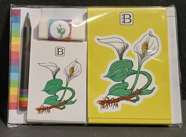 Il kit Leggi & Colora dedicato alla Calla, chiuso nella busta: i due taccuini, la matita, il righello e la gomma