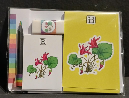 Il kit Leggi & Colora dedicato al Ciclamino, chiuso nella busta: i due taccuini, la matita, il righello e la gomma