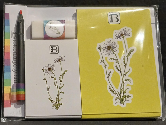 Il kit Leggi & Colora dedicato alla Margherita, chiuso nella busta: i due taccuini, la matita, il righello e la gomma