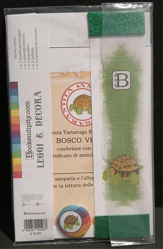 Il contenuto del kit dedicato alla Tartaruga: l'attestato di amicizia, il segnalibro e la spilletta