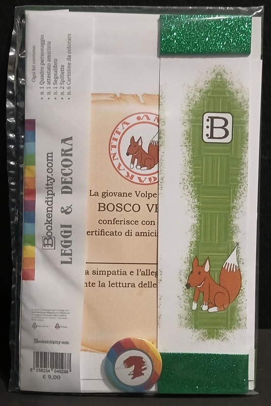 Il contenuto del kit dedicato alla Volpe: l'attestato di amicizia, il segnalibro e la spilletta