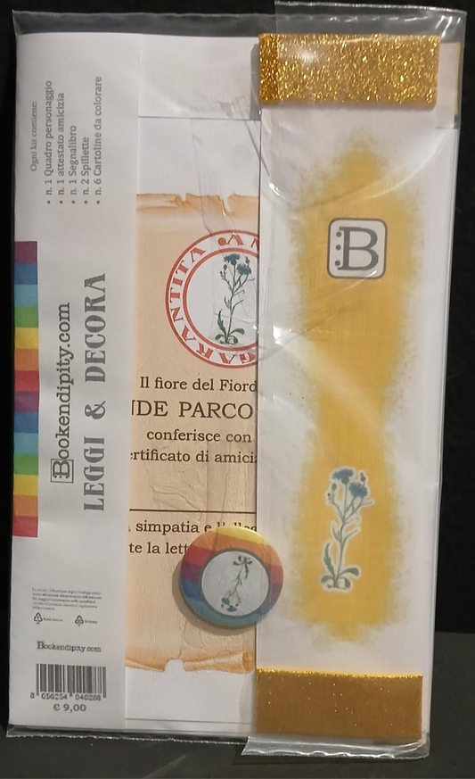 Il contenuto del kit dedicato al Fiordaliso: l'attestato di amicizia, il segnalibro e la spilletta