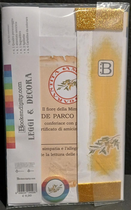 Il contenuto del kit dedicato alla Mimosa: l'attestato di amicizia, il segnalibro e la spilletta