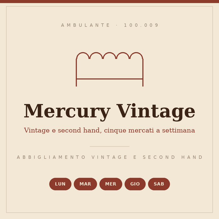 Insegna disegnata del banco Mercury Vintage: abbigliamento vintage e second hand, lunedì, martedì, mercoledì, giovedì e sabato, codice operatore 100.009
