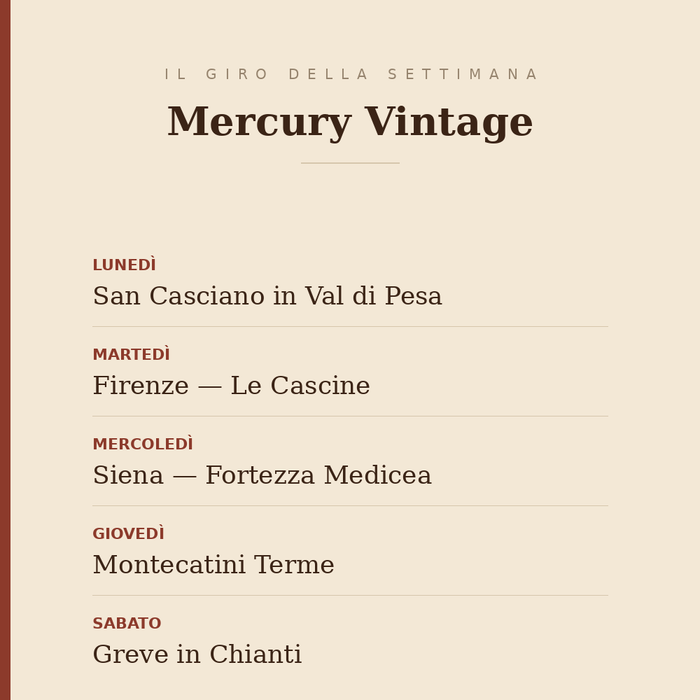 Il giro della settimana di Mercury Vintage: lunedì a San Casciano in Val di Pesa, martedì alle Cascine di Firenze, mercoledì a Siena alla Fortezza Medicea, giovedì a Montecatini Terme, sabato a Greve in Chianti