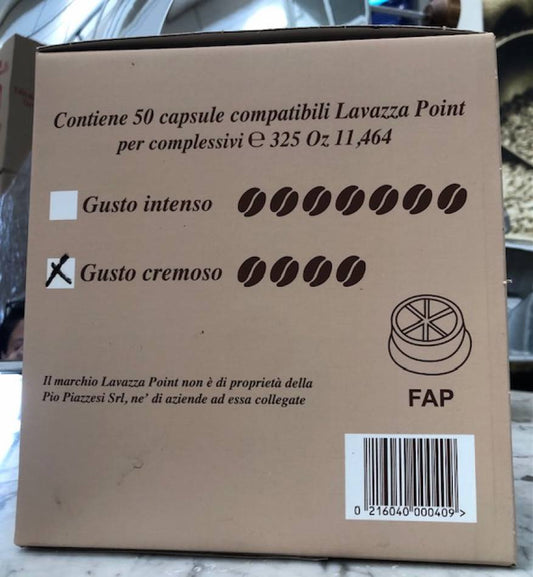 Il fianco della scatola: la casella del gusto cremoso barrata, con quattro chicchi di intensita