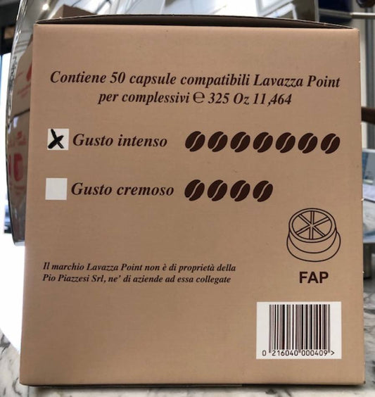Il fianco della scatola: la casella del gusto intenso barrata, con sei chicchi di intensita