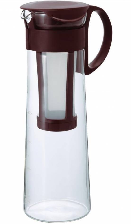 La bottiglia Hario per il cold brew, vuota, con il filtro montato nel collo