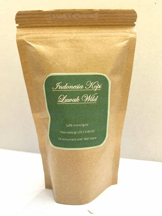 L'etichetta del sacchetto: Indonesia Kopi Luwak Wild, caffe monorigine, centoventicinque grammi