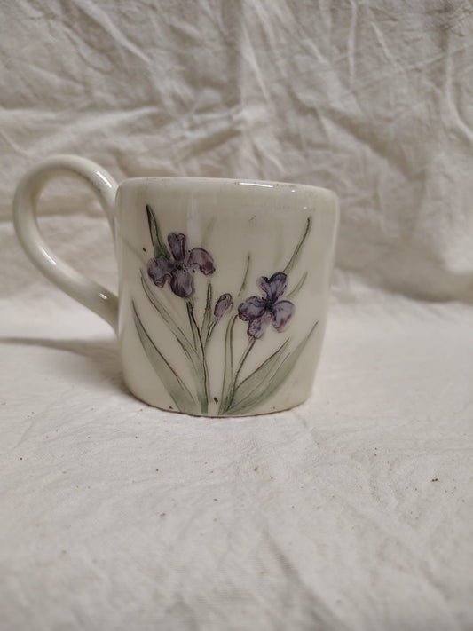 Tazza con due iris viola e le foglie a spada