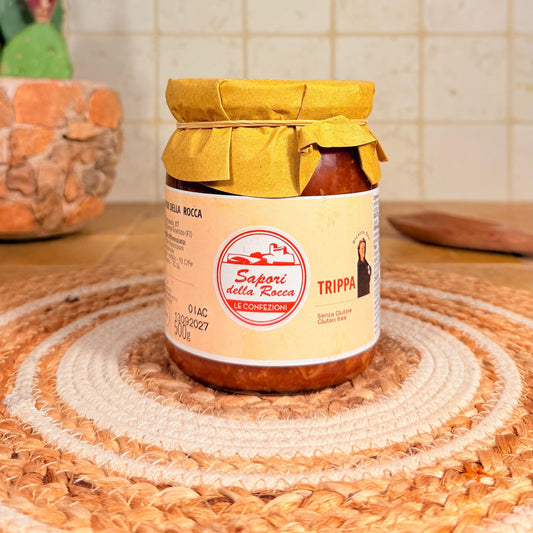 Il vasetto grande da 500 g di Trippa alla fiorentina, col sugo rosso visibile attraverso il vetro