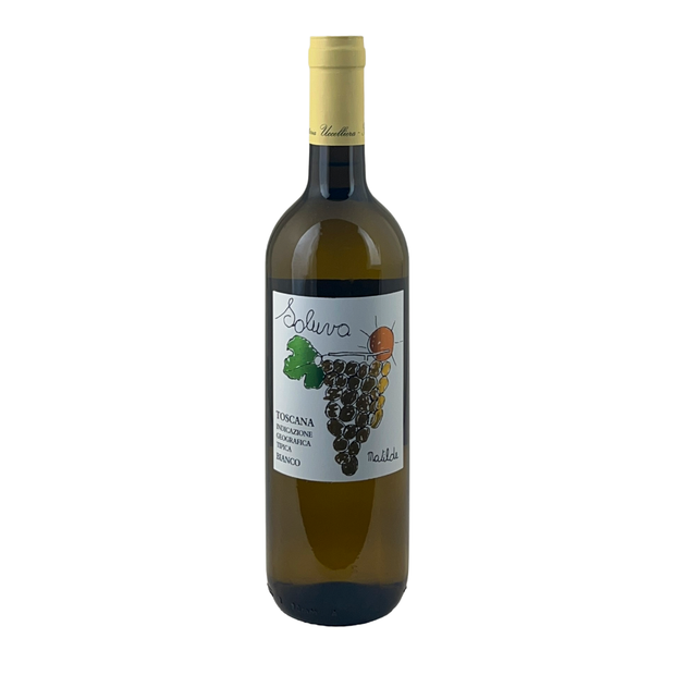 Bottiglia di Soluva bianco IGT Toscana della Fattoria Uccelliera, etichetta con grappolo, su fondo bianco
