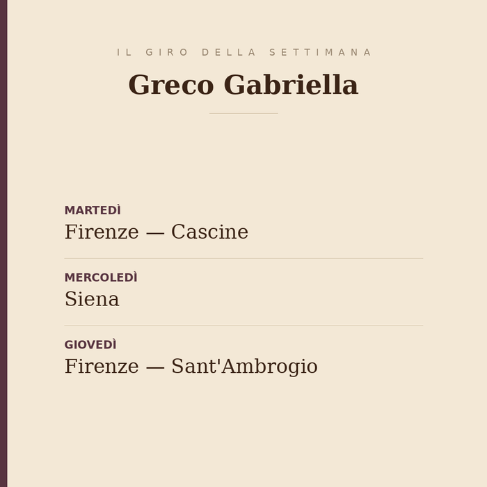 Il giro della settimana di Greco Gabriella: martedì alle Cascine di Firenze, mercoledì a Siena, giovedì al mercato coperto di Sant'Ambrogio