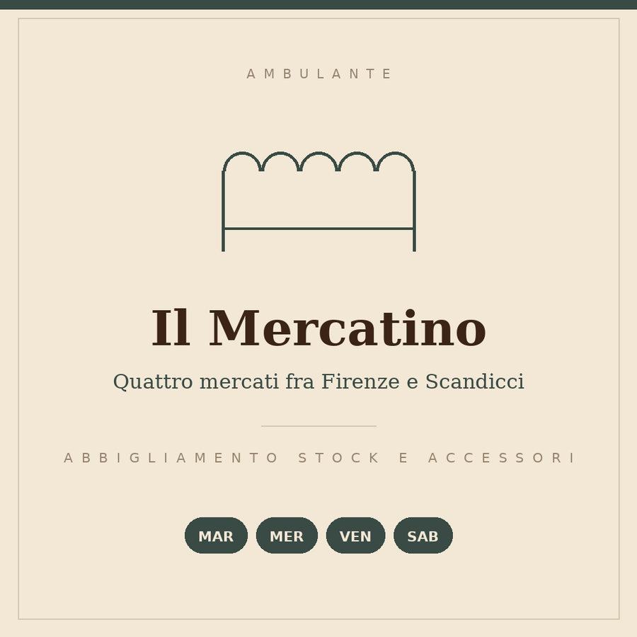 Insegna disegnata del banco Il Mercatino: abbigliamento stock e accessori, martedì, mercoledì, venerdì e sabato