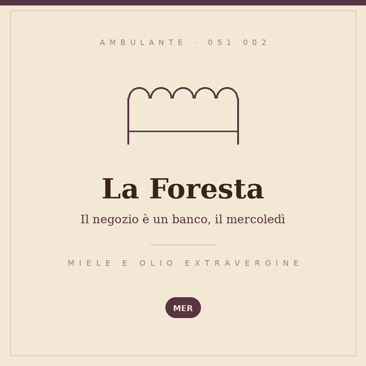 Insegna disegnata del banco La Foresta: miele e olio extravergine, il mercoledì