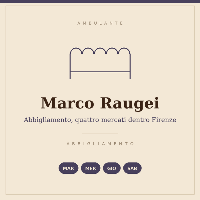 Insegna disegnata del banco di Marco Raugei: abbigliamento, martedì, mercoledì, giovedì e sabato