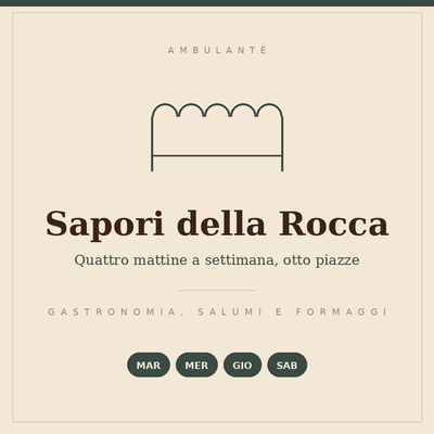 Insegna disegnata del banco Sapori della Rocca: gastronomia, salumi e formaggi, quattro mattine a settimana