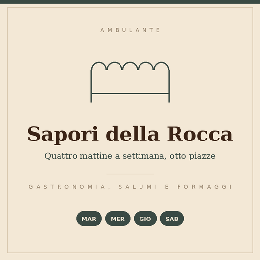 Drawn sign of the Sapori della Rocca stall: delicatessen, cured meats and cheeses, four mornings a week