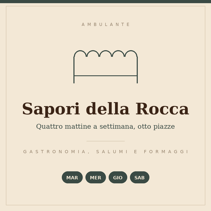 Insegna disegnata del banco Sapori della Rocca: gastronomia, salumi e formaggi, quattro mattine a settimana