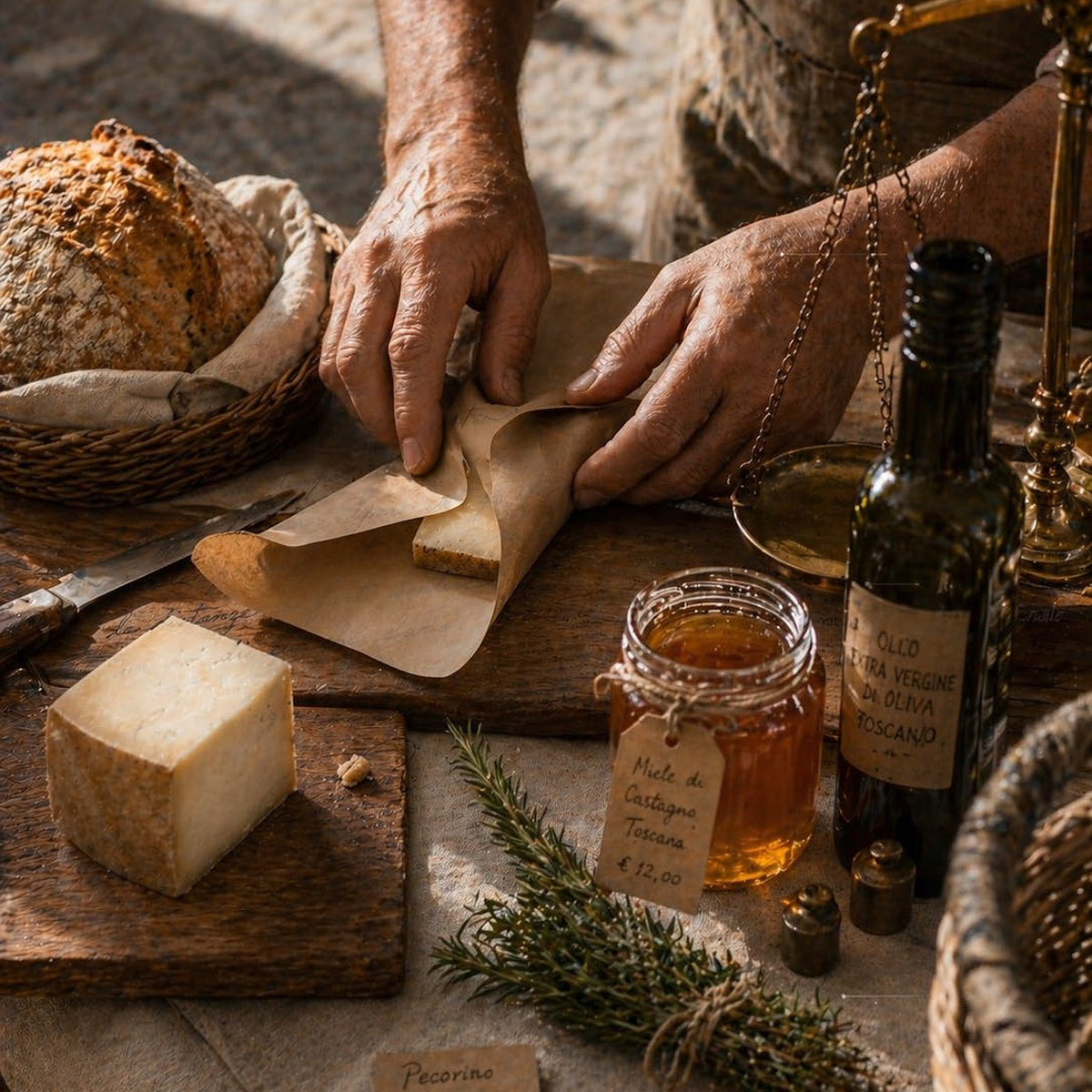 Due mani incartano un pezzo di formaggio su un banco, accanto a pane, miele e un cartellino con il prezzo