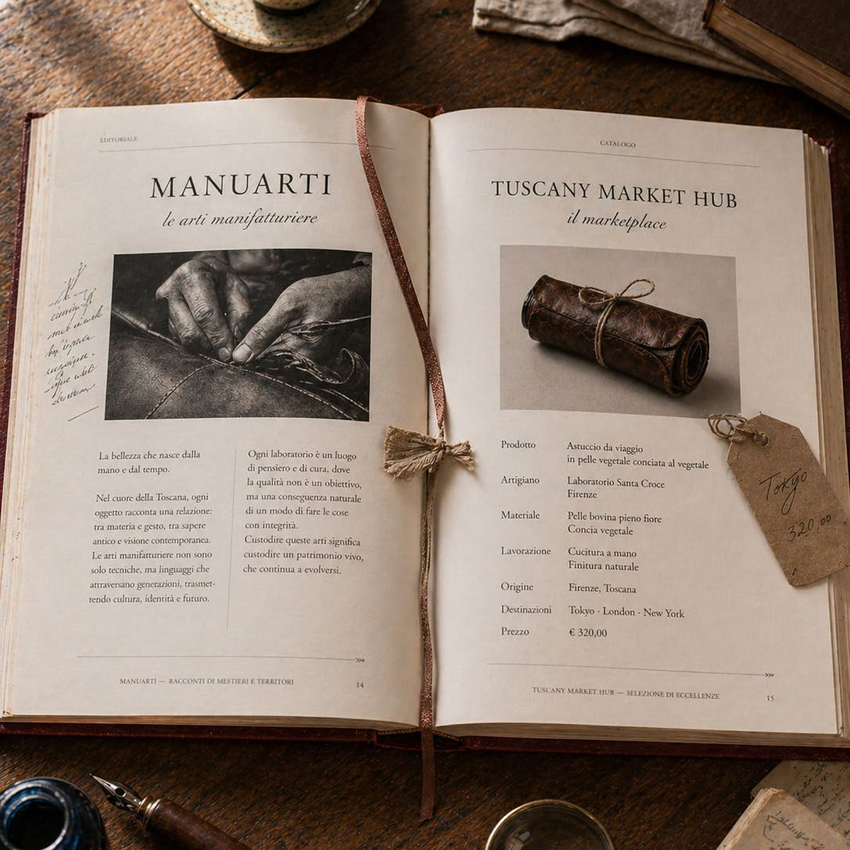 Un libro aperto su due pagine che descrivono un prodotto artigiano, con una lente di ingrandimento accanto
