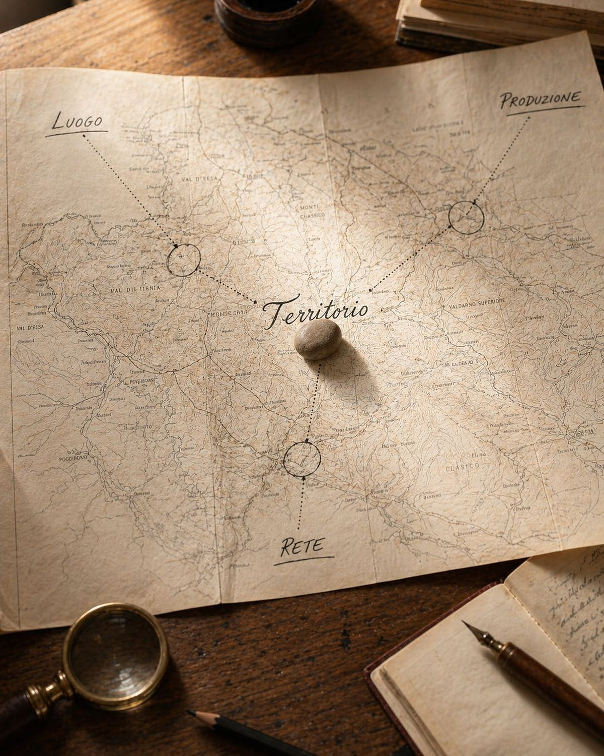 Una carta geografica disegnata a mano, con una lente di ingrandimento e una penna appoggiate accanto