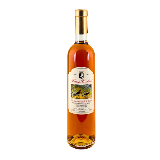 Bottiglia di Vin Santo di San Torpè DOC della Fattoria Uccelliera, vino ambrato, su fondo bianco