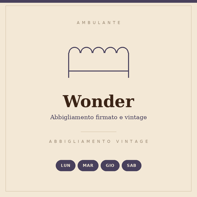 Insegna disegnata del banco Wonder: abbigliamento firmato e vintage, lunedì, martedì, giovedì e sabato