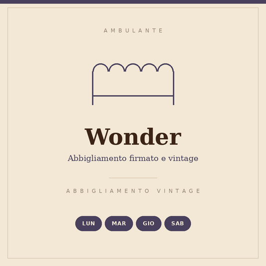 Illustrated sign of the Wonder stall: designer and vintage clothing, Monday, Tuesday, Thursday and Saturday