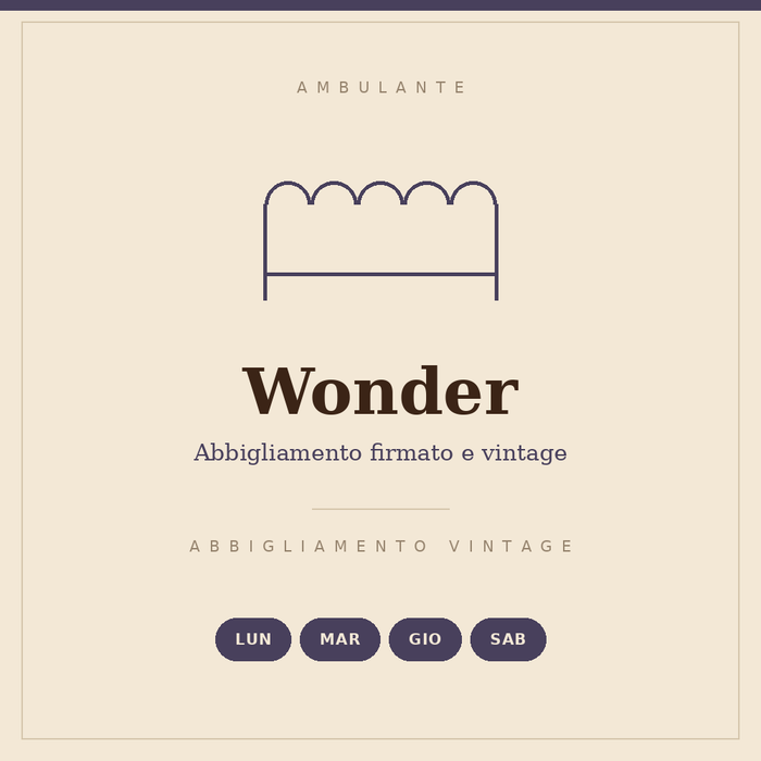 Insegna disegnata del banco Wonder: abbigliamento firmato e vintage, lunedì, martedì, giovedì e sabato, codice operatore 047.011