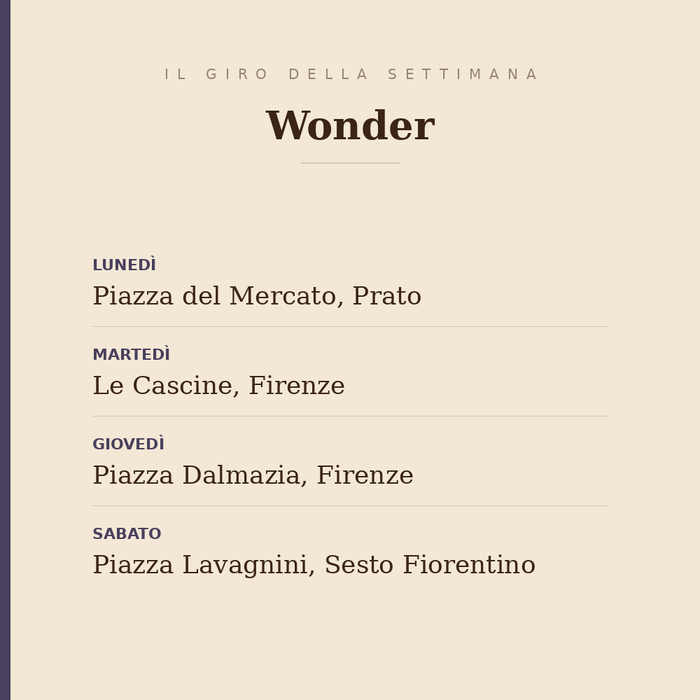Il giro della settimana di Wonder: lunedì in piazza del Mercato a Prato, martedì alle Cascine di Firenze, giovedì in piazza Dalmazia, sabato in piazza Lavagnini a Sesto Fiorentino